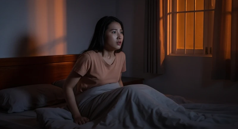 Người phụ nữ tỉnh giấc giữa đêm với gương mặt lo âu sau khi trải qua giấc mơ thấy ngọn lửa cháy lan dữ dội