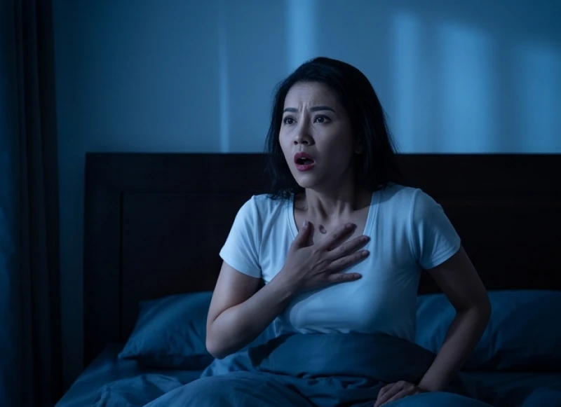 Một người phụ nữ Việt Nam giật mình tỉnh giấc giữa đêm tay ôm ngực thở dốc với biểu cảm vô cùng bàng hoàng