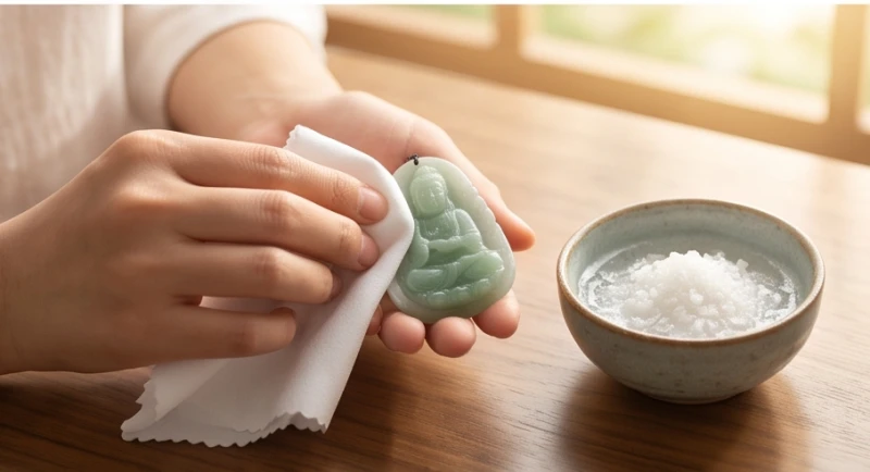 Nhúng khăn sạch vào bát nước tinh khiết pha muối biển để lau tịnh hóa mặt đá phong thủy