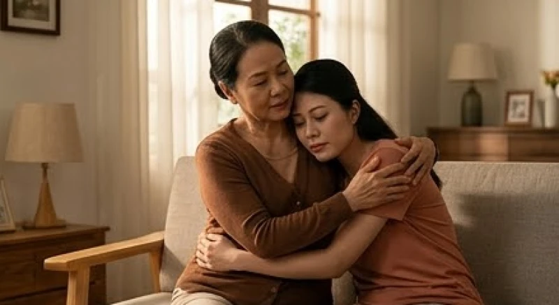 Mẹ nhẹ nhàng ôm và bảo vệ con gái ruột thể hiện tình cảm gia đình thay vì mơ thấy bị mẹ đánh đòn