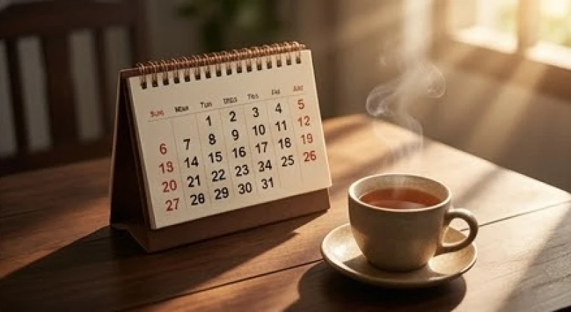 Văn khấn hết tang chồng: Bài cúng chuẩn xưng hô & sắm lễ 2 Cuốn lịch vạn niên và tách trà nóng đặt trên bàn gỗ, biểu tượng cho việc tính toán mốc thời gian 27 tháng Đàm Tế