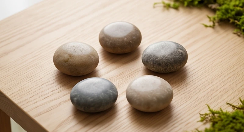 Năm viên sỏi phong thủy xếp thành vòng tròn tượng trưng cho kết quả của người mệnh Mộc