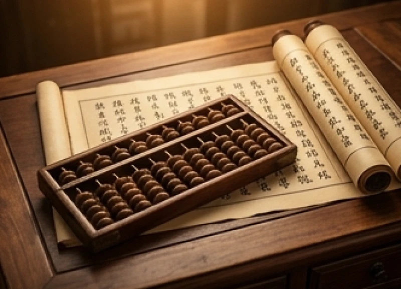 Bàn tính gỗ cổ đại và những cuộn giấy ghi chép các nét chữ thư pháp được bày trí trên chiếc bàn làm việc truyền thống