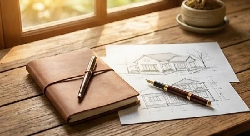 Số nhà hợp tuổi Hợi: Cách tính ngũ hành biển số nhiều ký tự 4 Cuốn sổ tay mở ra trên bàn với chiếc bút máy đặt cạnh những bản vẽ phác thảo ngôi nhà