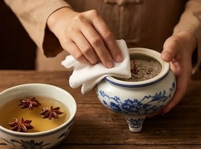 Dùng chiếc khăn sạch nhúng nước rượu gừng ngũ vị để lau chùi cẩn thận bát hương sứ