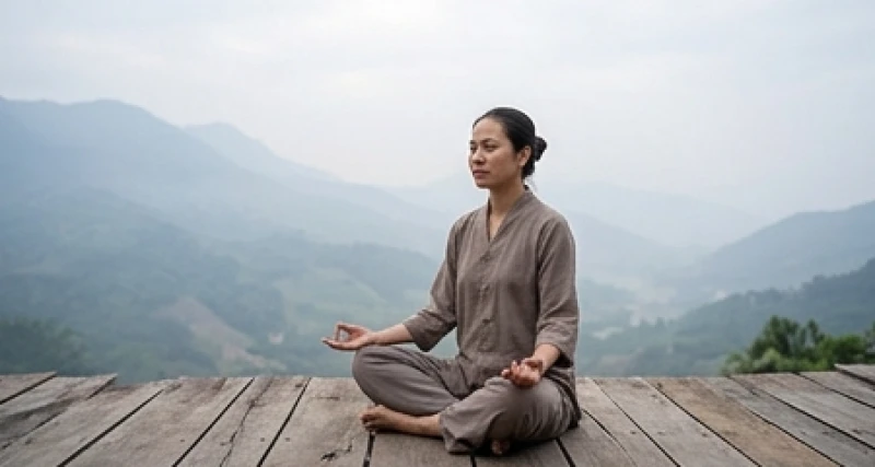 Một người ngồi thiền định giữa thiên nhiên rộng lớn để buông bỏ mọi phiền não thế tục