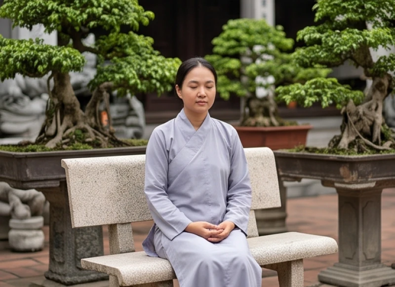 Gương mặt bình yên của người đi lễ chùa nhắm mắt tĩnh tâm bên dưới bóng cây cổ thụ giữa không gian chùa