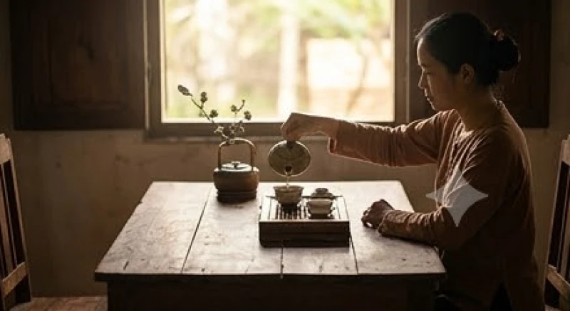 Một người ngồi pha trà trong không gian yên tĩnh mộc mạc, thể hiện thái độ tĩnh tại đối phó với biến động công sở