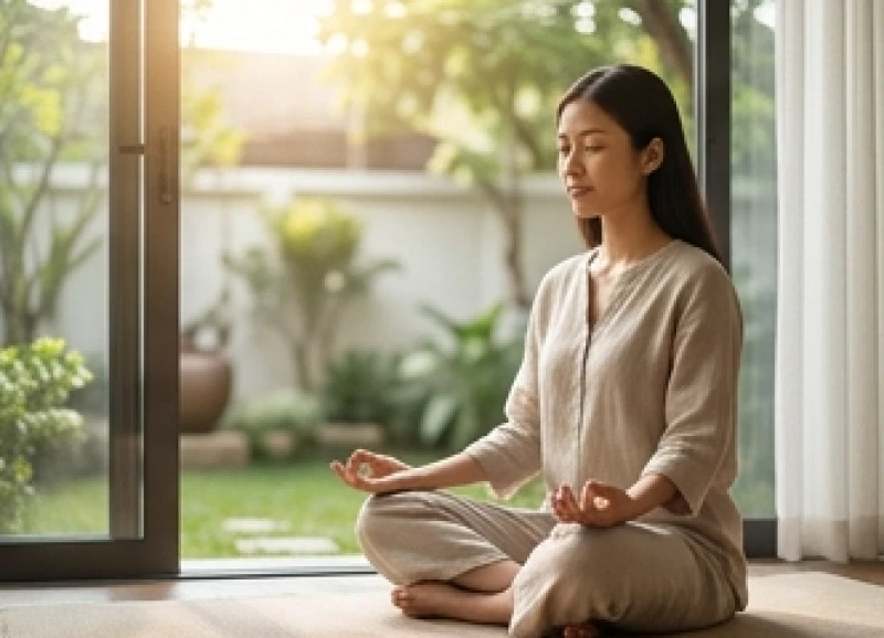Vận hạn tuổi Ngọ năm 2026: Các hạn lớn và hướng dẫn hóa giải 1 Một người phụ nữ đang ngồi thiền tĩnh tâm để chuẩn bị đối mặt với vận hạn tuổi Ngọ năm 2026