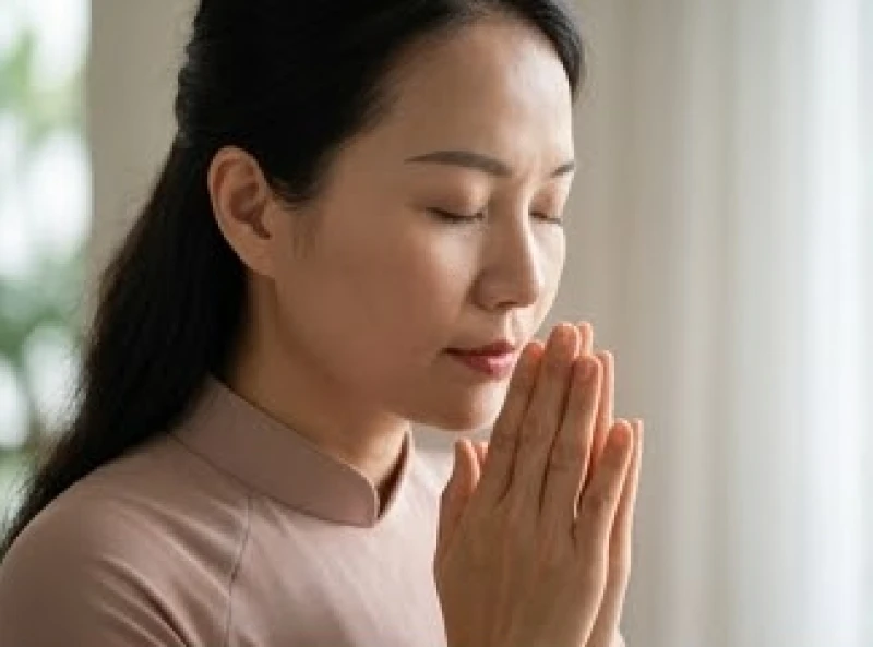 Người phụ nữ nhắm mắt chắp tay tĩnh tâm hướng về cõi Phật cầu mong sức khỏe và bình an