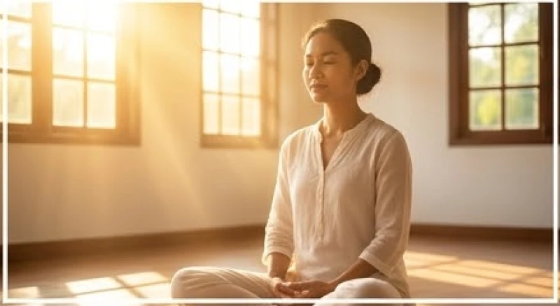 Mơ thấy Phật: Giải mã điềm báo, số may mắn và cách hóa giải 2 Người phụ nữ nhắm mắt ngồi thiền tĩnh lặng trong không gian ngập tràn ánh sáng tự nhiên ấm áp