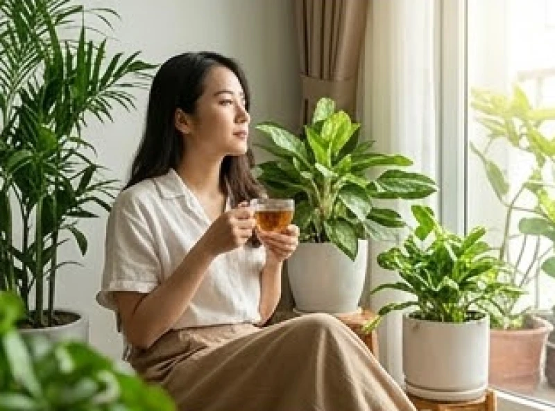 Mệnh Mộc là gì: Nạp âm, tính cách và cách ứng dụng phong thủy 4 Một người phụ nữ trẻ ngồi thư giãn uống trà cạnh cửa sổ ngập nắng với nhiều chậu cây xanh xung quanh