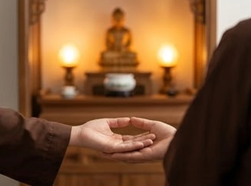 Văn khấn Phật tại gia mùng 1: Bài cúng và cách sắm lễ thanh tịnh 2 Gia chủ chắp tay hoa sen thành kính đứng trước bàn thờ Phật tại gia
