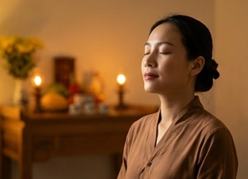Người làm lễ nhắm mắt hít thở sâu tĩnh tâm trước khi bắt đầu thắp nhang tạ tội với tổ tiên