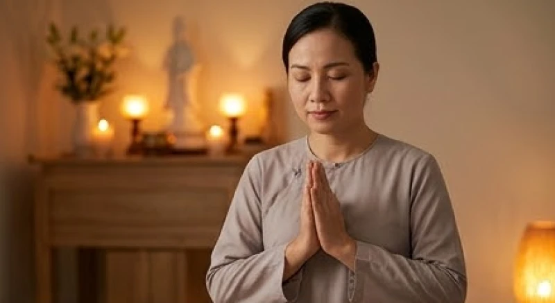 Nữ Phật tử chắp tay nhắm mắt tĩnh tâm trước khi đọc văn khấn Quan Thế Âm Bồ Tát