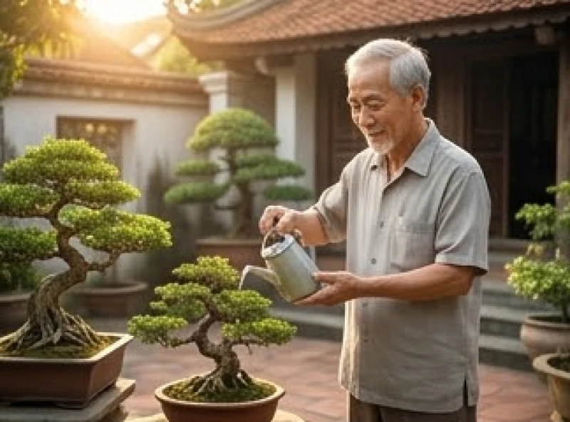 Cụ ông thư thái chăm sóc cây kiểng trong sân nhà mang lại sự thanh tịnh và bình yên