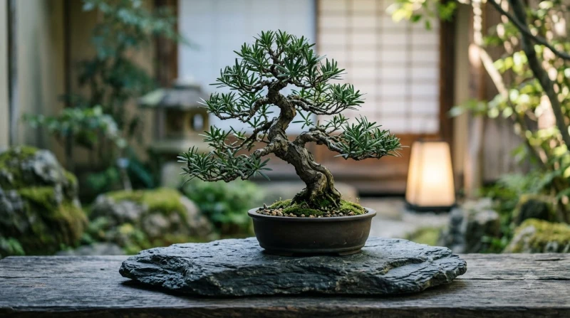 Cây tùng la hán dáng thế vững chãi đặt cạnh mặt hồ phẳng lặng thể hiện sự kiên định trước những áp lực của thời vận