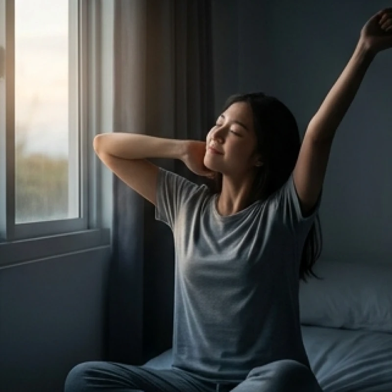 Người phụ nữ vươn vai đón ánh nắng buổi sáng bên khung cửa sổ với nụ cười mãn nguyện