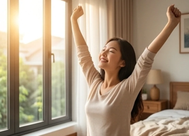 Điềm báo sắp có tin vui: Dấu hiệu nhận biết và cách giữ trọn lộc 3 Cô gái trẻ vươn vai sảng khoái đón ánh nắng mặt trời buổi sáng bên khung cửa sổ phòng ngủ
