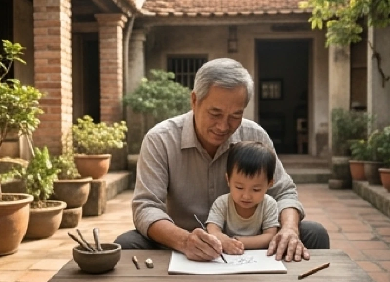 Tính cách tuổi Sửu: Phân tích nam nữ và cách bù trừ nhược điểm 1 Người đàn ông Việt Nam vững chãi đang ân cần hướng dẫn gia đình trong không gian ấm áp