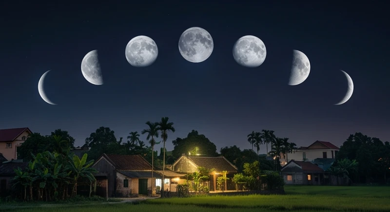 Tuổi mụ là gì: Quy tắc tính chuẩn, năm nhuận và bảng tra cứu 5 Bầu trời đêm tĩnh lặng với mặt trăng tròn và khuyết minh họa cho chu kỳ tính tháng nhuận của âm lịch