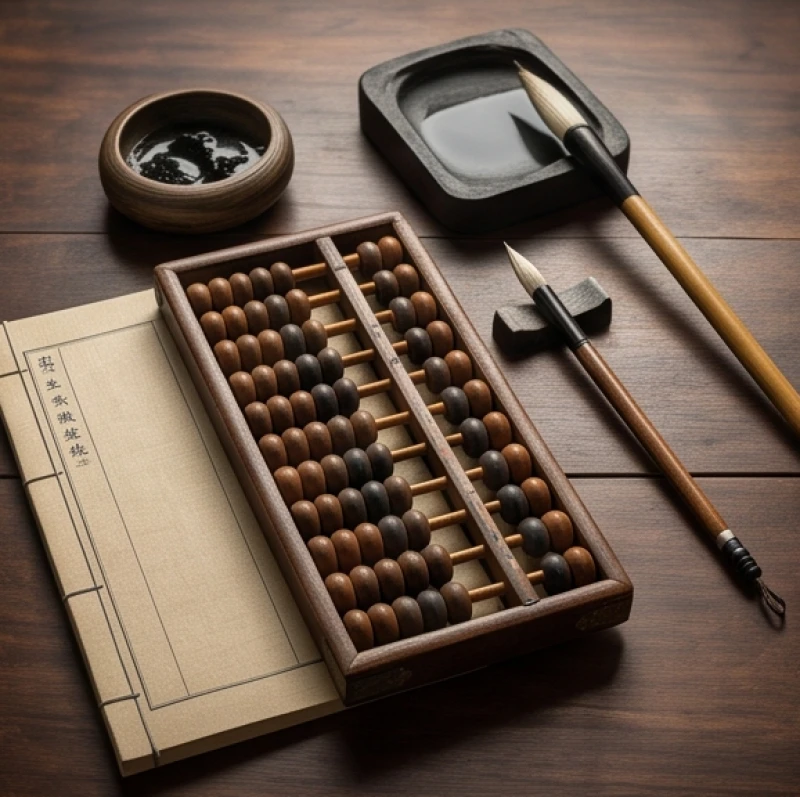 Tuổi Kỷ Hợi 1959: Tra cứu bản mệnh, hướng nhà và màu hợp 9 Bàn tính gỗ cổ và nghiên mực tàu đặt ngay ngắn bên cạnh cuốn sổ ghi chép tử vi phong thủy