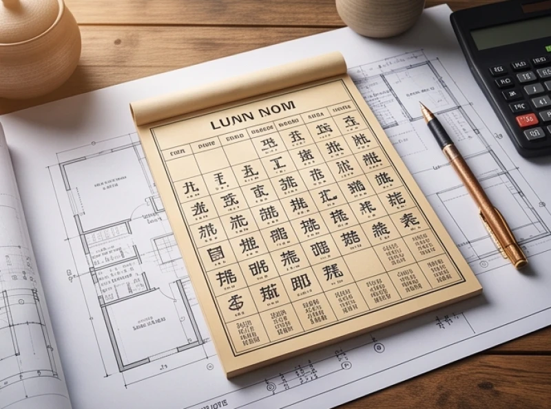 Sổ lịch vạn niên và bản vẽ thiết kế nhà ở đặt trên bàn gỗ làm việc