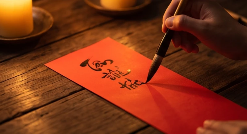 Bút lông viết danh tính và tuổi âm lịch lên giấy đỏ để chuẩn bị làm lễ cúng giải hạn