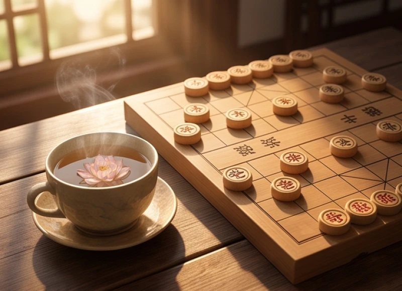 Tử vi trọn đời tuổi Ất Dậu 1945 nam mạng: Diễn biến mốc tuổi 3 Tách trà sen ấm nóng đặt cạnh bàn cờ tướng tượng trưng cho sự an nhàn của tuổi mụ 82