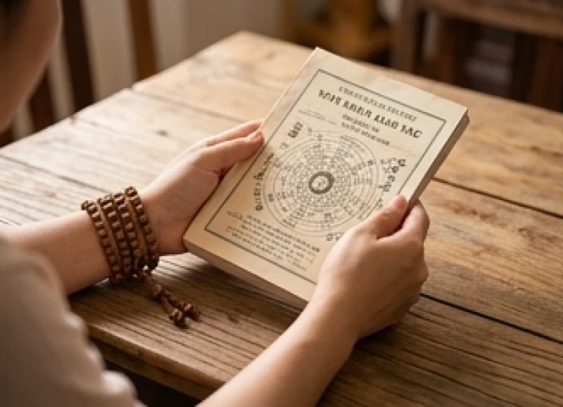 Người phụ nữ đang tra cứu sách tử vi truyền thống để xác định sao chiếu mệnh theo tuổi mụ