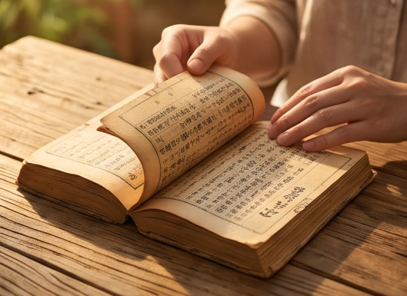 Bàn tay đang chỉ vào cuốn lịch vạn sự để tính nhẩm khoảng cách 4 năm giữa các tuổi tam hợp
