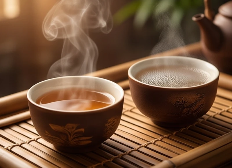Âm dương là gì: Bản chất triết lý và giải mã biểu tượng Thái cực 2 Hai ly nước gốm sứ với làn khói mỏng bốc lên minh họa cho tính tương đối của âm dương qua nhiệt độ