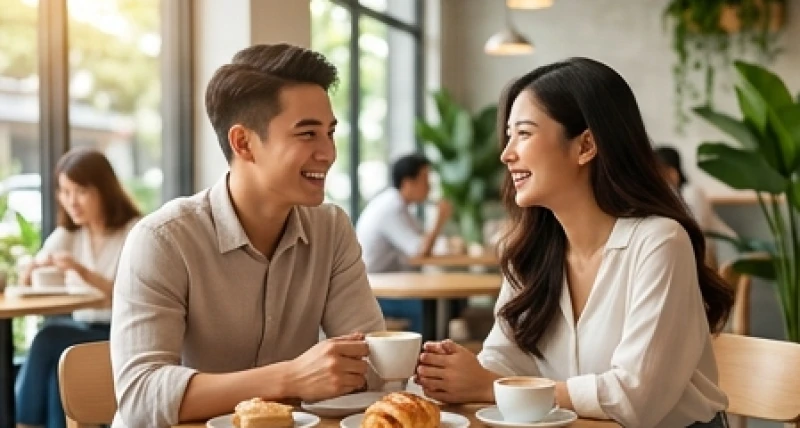 Tình duyên tuổi Mùi năm 2027: Lịch tháng cưới hỏi và cách hóa giải 4 Hai người trẻ đang trò chuyện vui vẻ tại quán cà phê trong giai đoạn tìm hiểu tình cảm