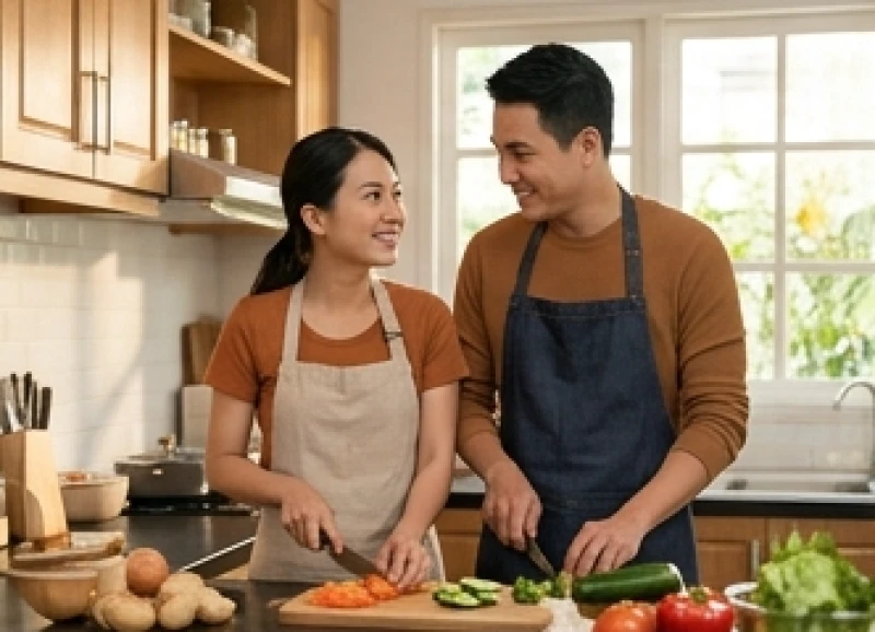 Hình ảnh cặp đôi trao nhau ánh mắt yêu thương đầy tin tưởng trong không gian ấm áp