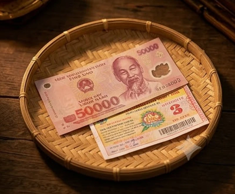 Tờ tiền mệnh giá năm mươi nghìn đồng màu đỏ hồng đặt cạnh một tấm vé số kiến thiết trên khay tre nhỏ