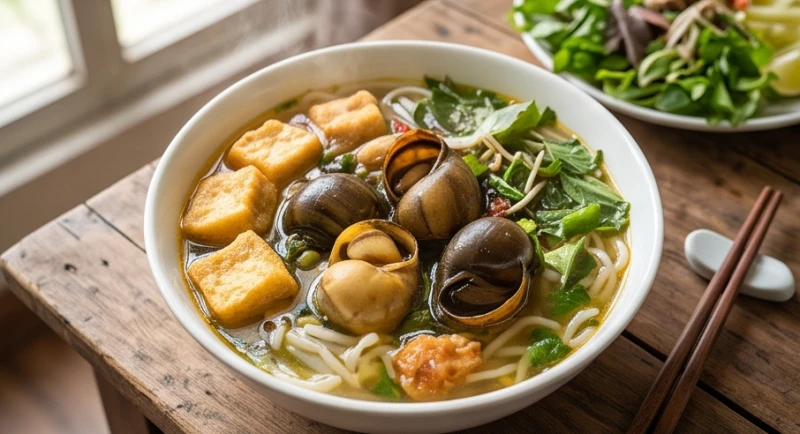 Bát bún ốc nóng hổi với những con ốc nhồi béo giòn, đậu phụ rán và nước dùng trong vắt