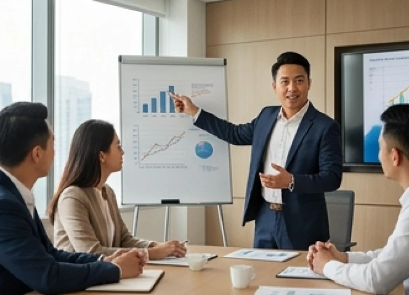 Người quản lý trẻ đang trình bày ý tưởng kinh doanh một cách đầy nhiệt huyết trước đội ngũ