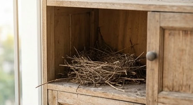 Tổ chim bồ câu với những cành khô được xếp ngay ngắn ở một góc khuất trên nóc tủ ngoài sân, thu hút vượng khí cho gia đạo.