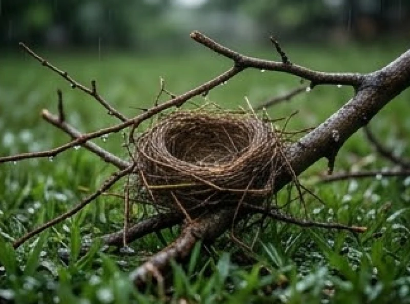 Cành cây gãy đổ mang theo tổ chim rớt xuống bãi cỏ ướt sũng nước mưa sau cơn giông lốc