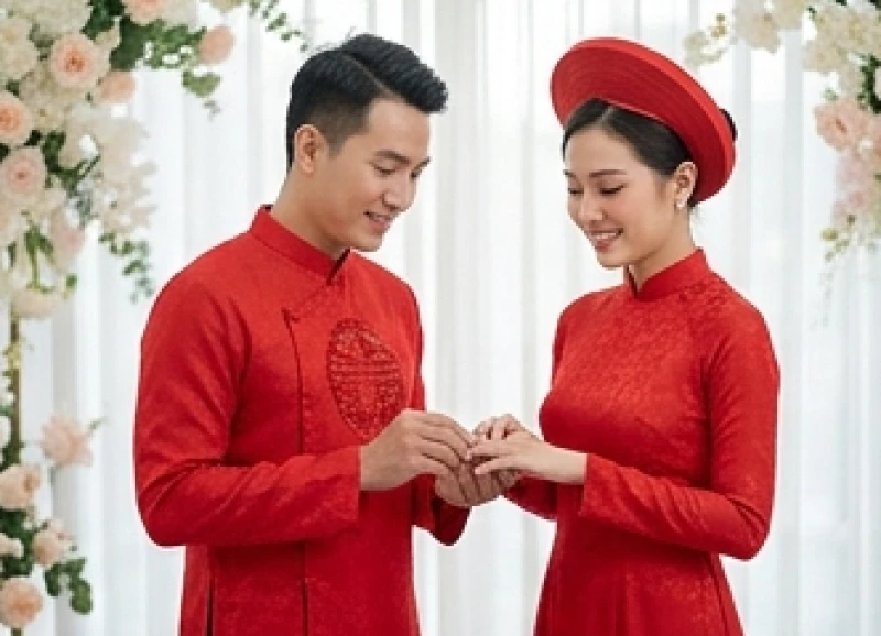 Cặp đôi uyên ương rạng rỡ trong trang phục cưới truyền thống báo hiệu tin vui kết hôn thuận lợi