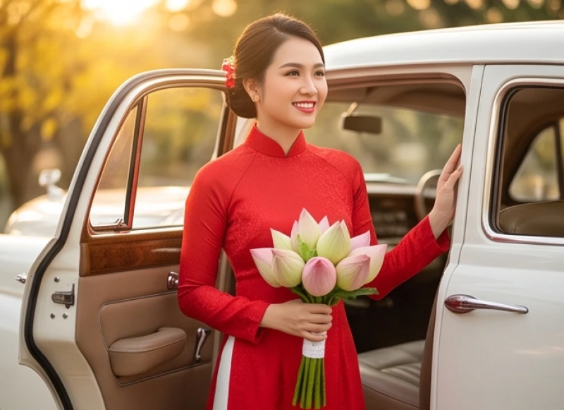 Cô dâu rạng rỡ trong trang phục áo dài đỏ chuẩn bị bước lên xe hoa vào tháng đại cát