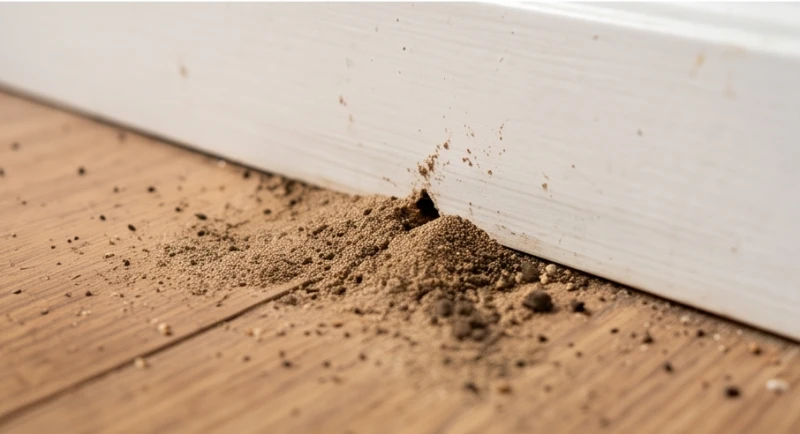 Kiến vào nhà là điềm gì? Giải mã phong thủy và cách xử lý 6 Những đống cát mịn nhỏ bị kiến đùn lên dọc theo len chân tường gỗ báo hiệu có tổ kiến ngầm