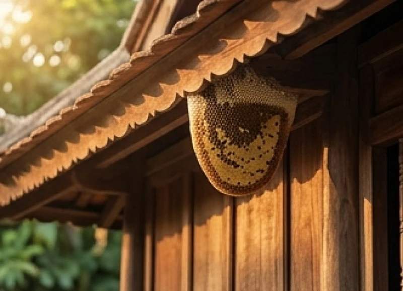 Một tổ ong nhỏ yên bình làm dưới mái hiên của một ngôi nhà gỗ truyền thống ngập tràn ánh nắng bình minh