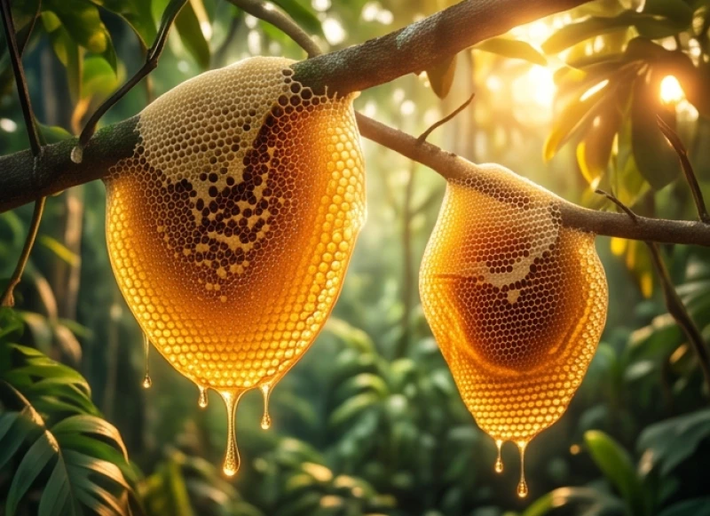 Hai vầng sáp ong với kích thước khác biệt đẫm mật vàng óng lơ lửng giữa những tán lá xanh