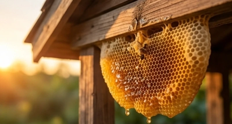 Một tổ ong mật tự nhiên với những sáp ong vàng óng ánh đang được xây dựng vững chãi dưới mái hiên nhà