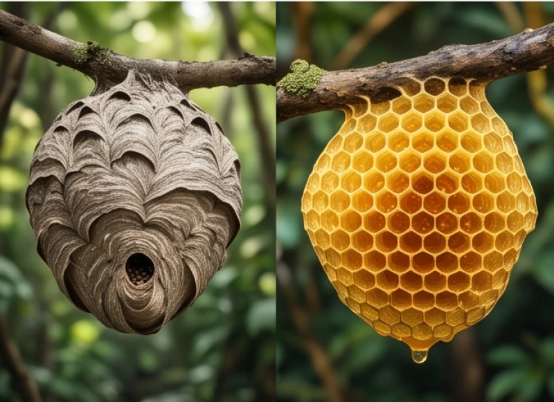 Cấu trúc tổ ong vò vẽ mang sắc xám xịt và khép kín khác biệt hoàn toàn với màu vàng ươm của sáp ong mật