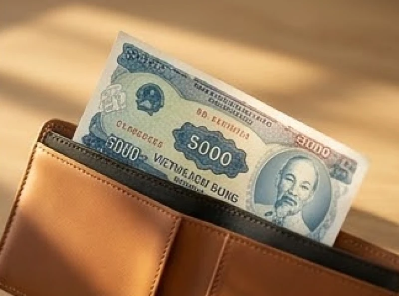 Tờ năm nghìn đồng màu xanh dương lấp ló bên trong chiếc ví tượng trưng cho tài lộc nảy nở