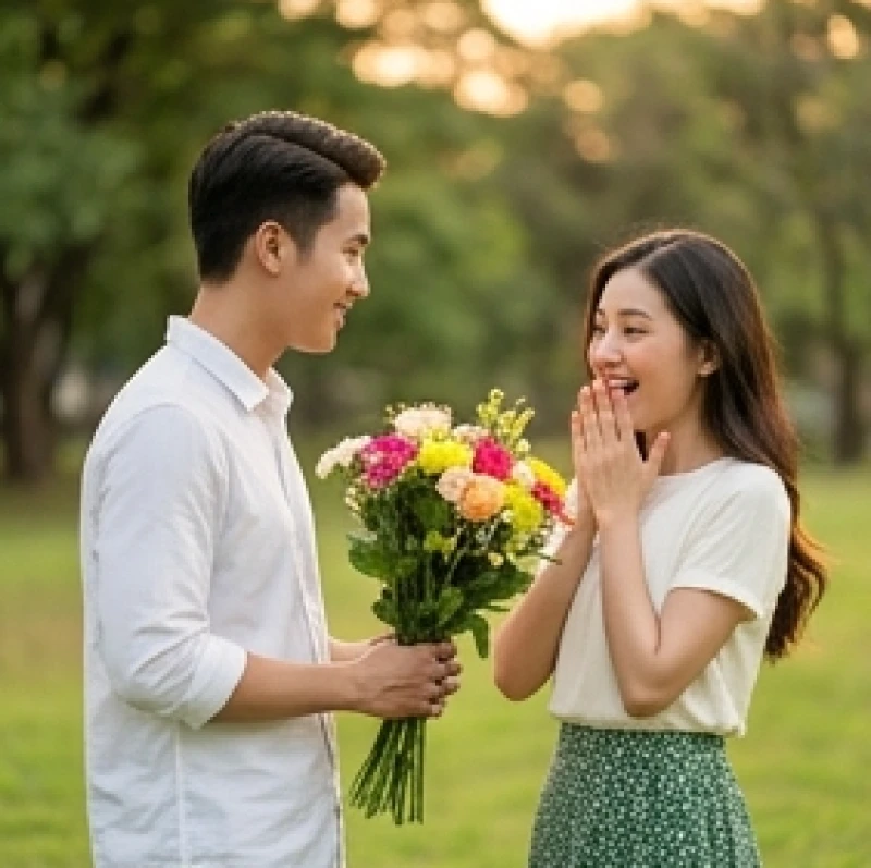 Chàng trai tặng một bó hoa tươi thắm cho cô gái trong khung cảnh thiên nhiên thơ mộng để bày tỏ tình cảm