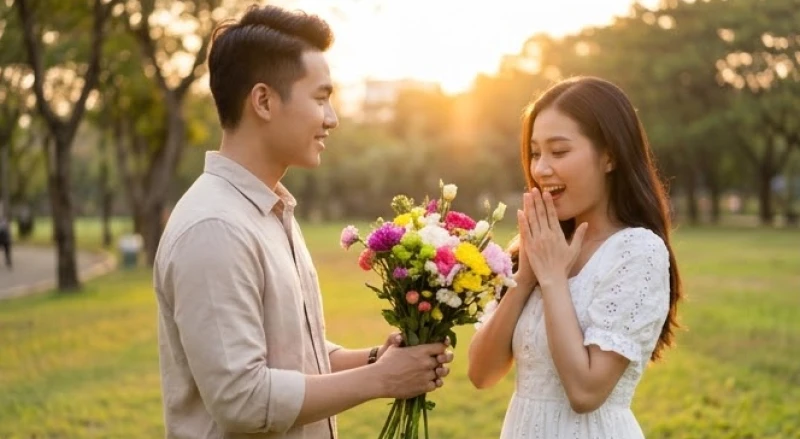 Chàng trai tặng hoa và bày tỏ tình cảm chân thành với cô gái yêu thương trong ánh hoàng hôn lãng mạn