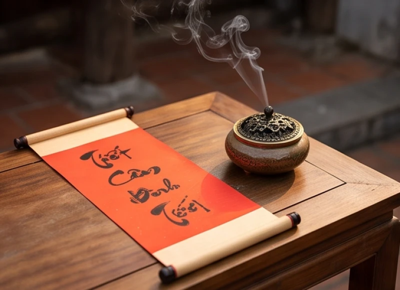Văn khấn tạ lễ Tam Tai cuối năm: Mâm cúng, ngày giờ và bài khấn 5 Tờ giấy ghi bài văn khấn tạ ơn màu đỏ được đặt cẩn thận bên cạnh lư hương đang tỏa khói trên bàn lễ ngoài trời